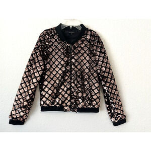 Rose Gold Sequin Bomber Jacket Medium Y2K Roller Derby Halloween Costume ‎ n
